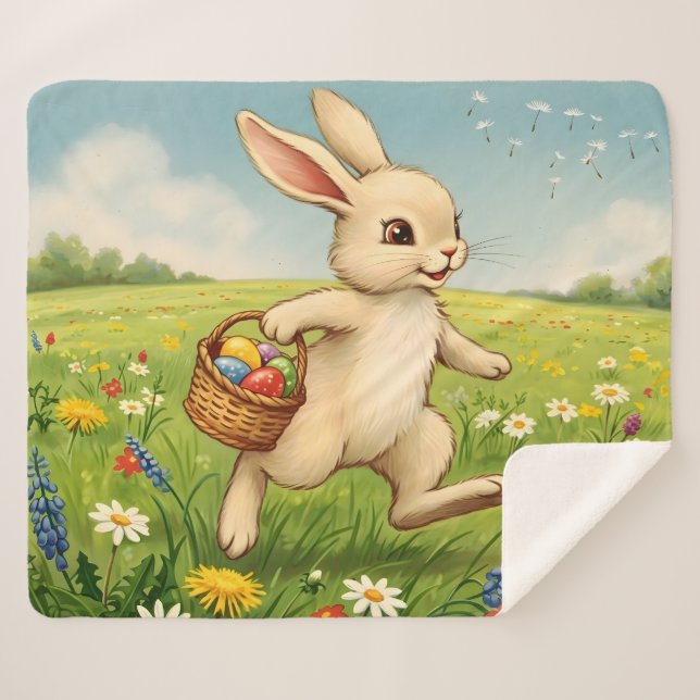 Cobertor Sherpa Vintage Spring Meadow Easter Bunny  (Frente (Horizontal))