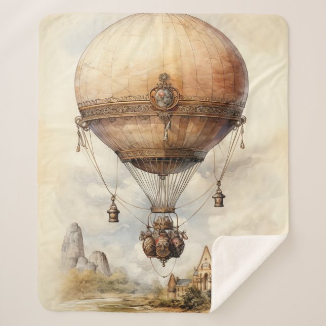 Cobertor Sherpa Vintage Steampunk Hot Air Balloon (Frente)