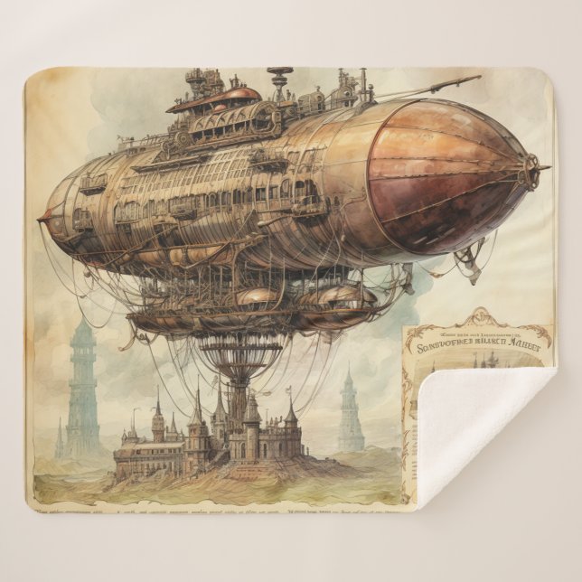 Cobertor Sherpa Vintage Steampunk Zeppelin (10) (Frente (Horizontal))