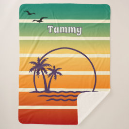 Cobertor Sherpa Vintage Sunset Palm Tree and Seagulls with Name
