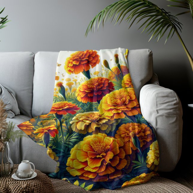 Cobertor Sherpa Vivid Marigolds Floral (Marigold Flowered Sherpa Fleece Blanket Medium Size)