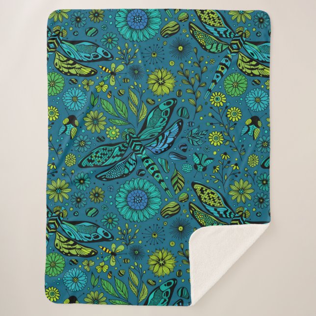 Cobertor Sherpa Voe, voe libélula em azul (Frente)