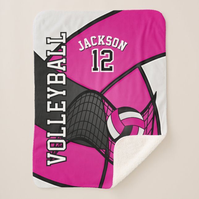 Cobertor Sherpa Voleibol de rosa-quente, preto e branco (Frente)