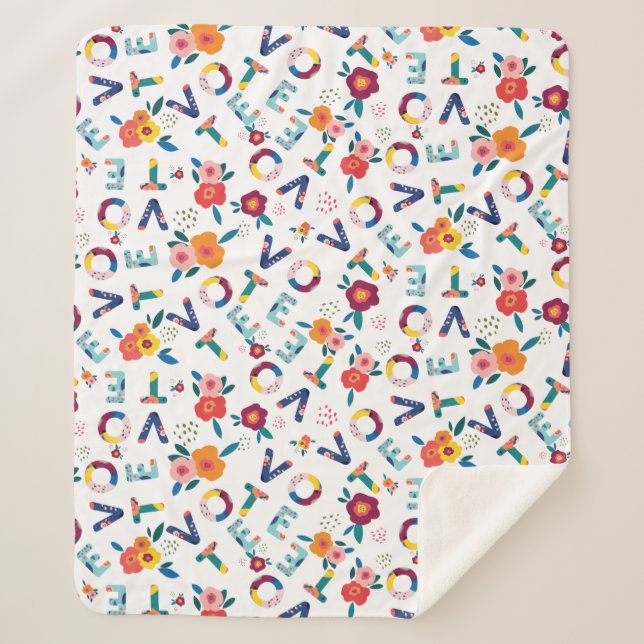 Cobertor Sherpa Vote Padrão Floral Moderno a Rosa Verde Azul (Frente)