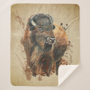 Cobertor Sherpa Watercolor Bison Buffalo Animal Willife Nature Ca