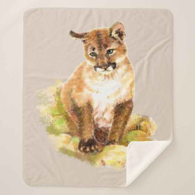 Cobertor Sherpa Watercolor Cougar Kitten Mountain Lion Willife (Frente)