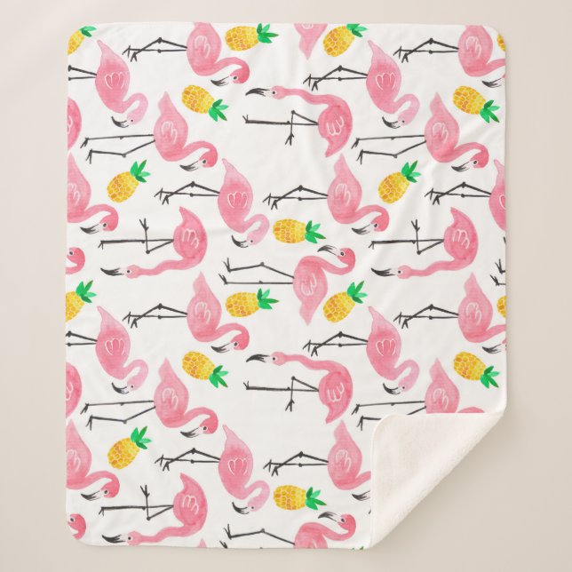 Cobertor Sherpa Watercolor Flamingo e Abacaxi: Conjunto Tropical. (Frente)