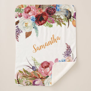 Cobertor Sherpa Watercolor Floral Baby Girl Pink Orange Name