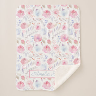 Cobertor Sherpa Watercolor Floral Name Modern Pink, Baby Blanket