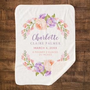 Cobertor Sherpa Watercolor Floral Personalizado Bebê