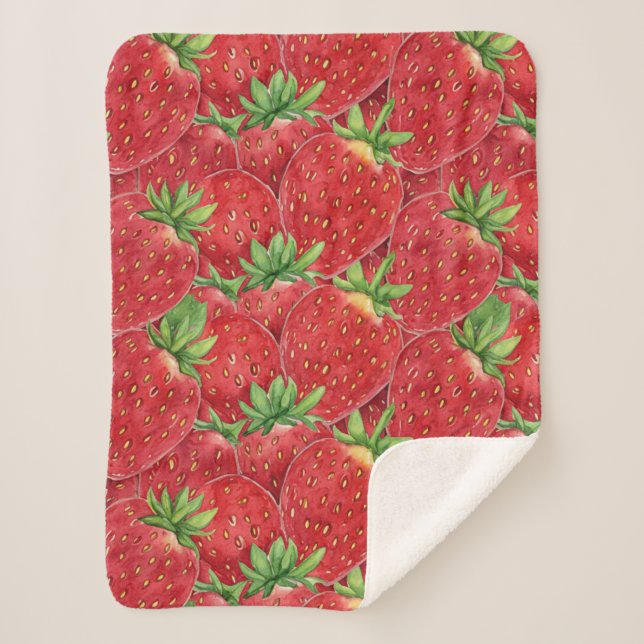 Cobertor Sherpa Watercolor Fresh Strawberry Patch Seamless Pattern (Frente)