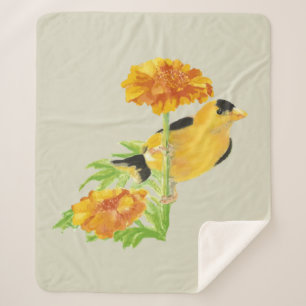 Cobertor Sherpa Watercolor Goldfinch Garden Bird Marigold Flower