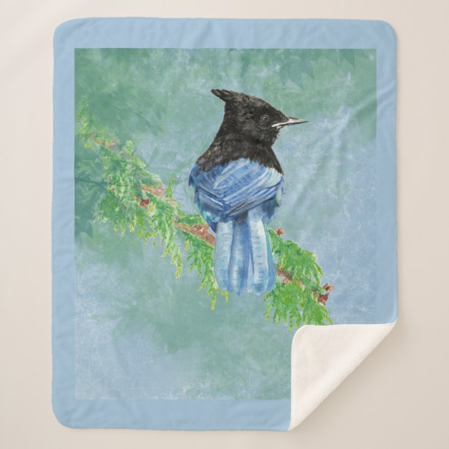Cobertor Sherpa Watercolor Stellar Jay Bird Willife Art (Frente)