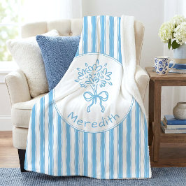 Cobertor Sherpa Whimsical Blue White Stripe Preppy Monogram