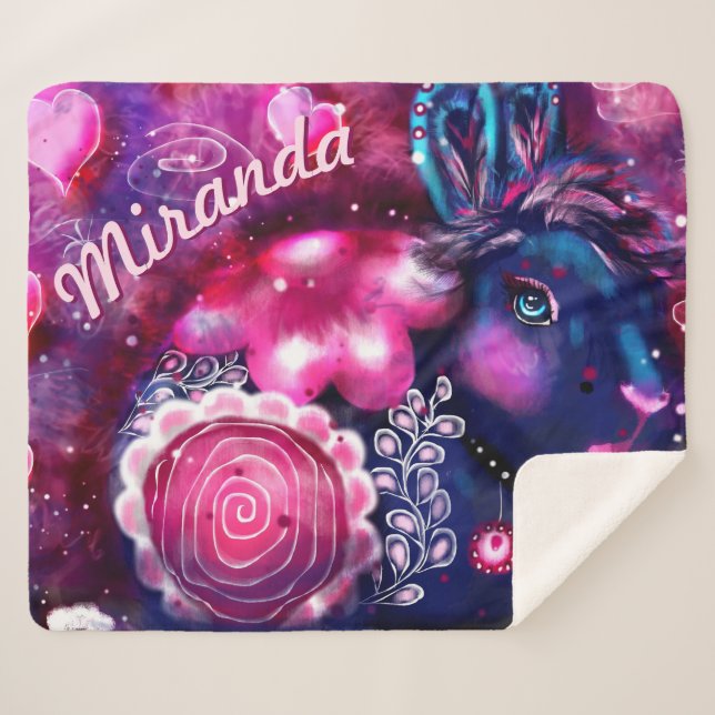 Cobertor Sherpa Whimsical Rabbit 'Glamour Bunny' Personalized (Frente (Horizontal))