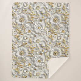 Cobertor Sherpa White Floral com Folhas Douradas
