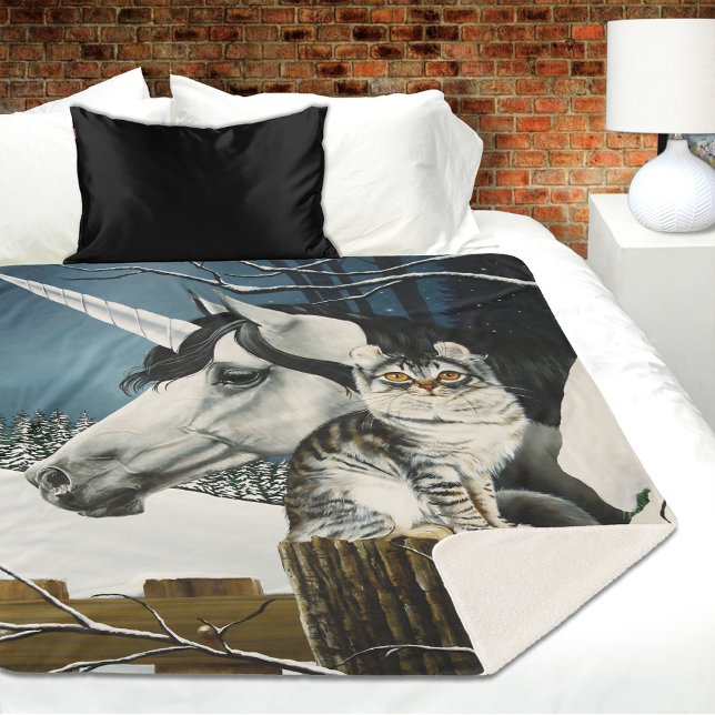 Cobertor Sherpa White Unicorn Tabby Cat Fantasy (Criador carregado)