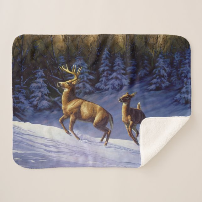 Cobertor Sherpa Whitetail Deer Buck & Doe na Neve de inverno (Frente (Horizontal))