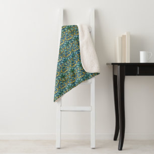 Cobertor Sherpa William Morris Vintage Azul Verde Dourado