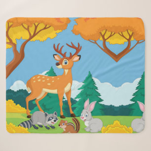 Cobertor Sherpa Willife Raccoon Chipmunk Rabbit Deer Fall Landsca