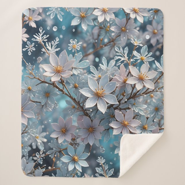 Cobertor Sherpa Winter Crystal Frost Sakura Flower Sherpa Blanket (Frente)
