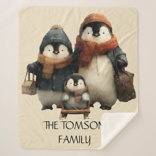 Cobertor Sherpa Winter Penguin Family Personalized Design (Frente)