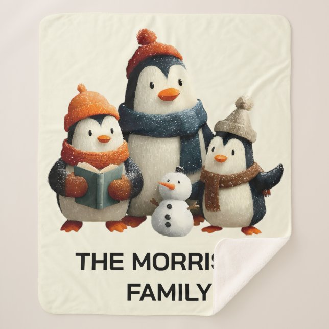 Cobertor Sherpa Winter Penguin Family with Snowman (Frente)