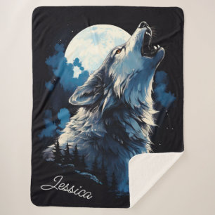 Cobertor Sherpa Wolf Howling na lua