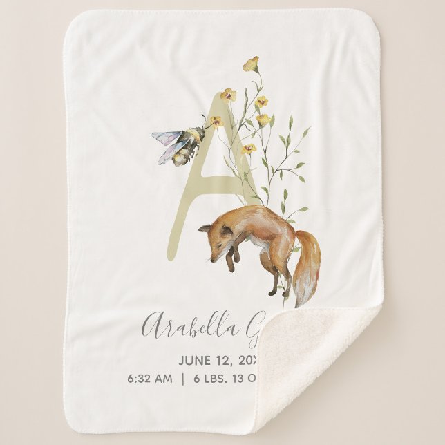 Cobertor Sherpa Woodland Animal - Letra A Baby Script Birth Stats (Easily personalize this monogram baby stats blanket for a newborn gift she'll treasure!)