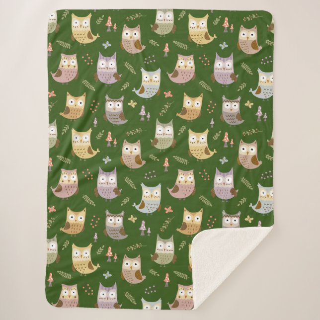 Cobertor Sherpa Woodland Owl Pattern, Crianças Verde (Frente)