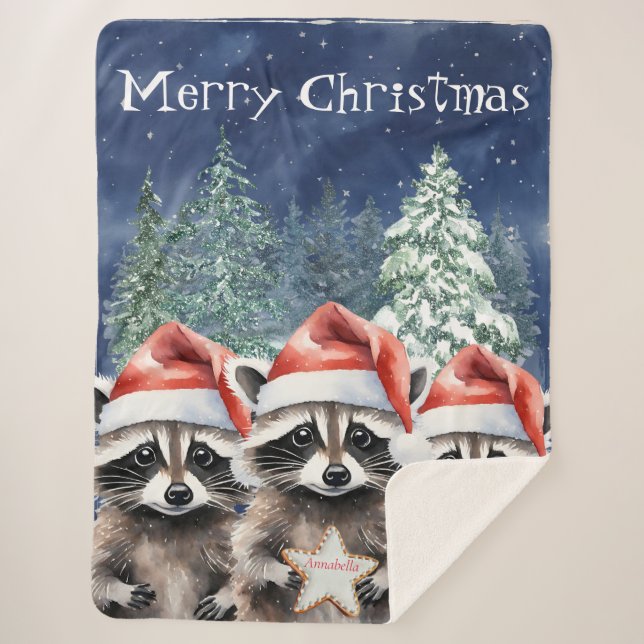 Cobertor Sherpa Woodland Raccoon Feliz Natal Personalizado (Frente)