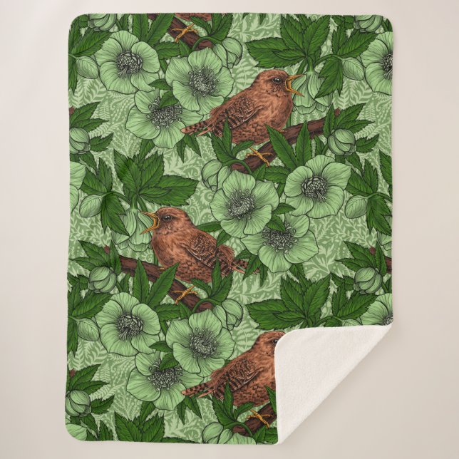Cobertor Sherpa Wren e hellebord, verde-claro (Frente)