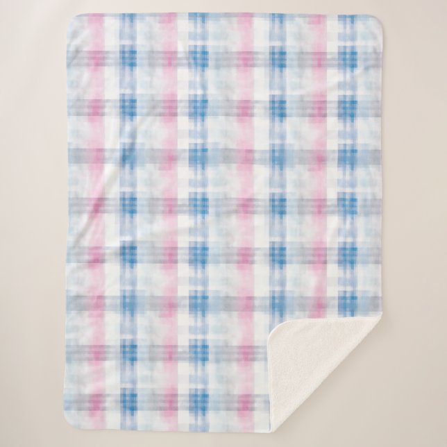 Cobertor Sherpa Xadrez Listras Rosa Azul Branco (Frente)
