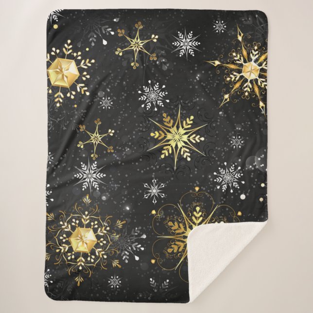 Cobertor Sherpa Xmas Golden Snowflakes on Black Background (Frente)