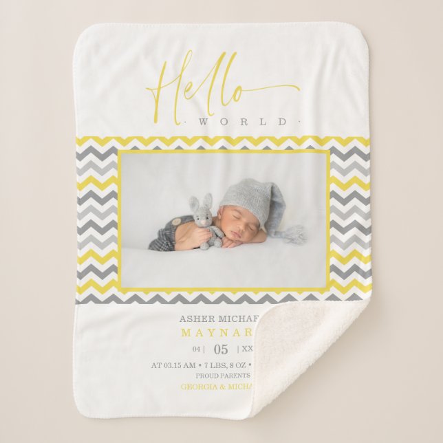 Cobertor Sherpa Yellow Grey Zigzag Stripes Hello World Quote Photo (Frente)