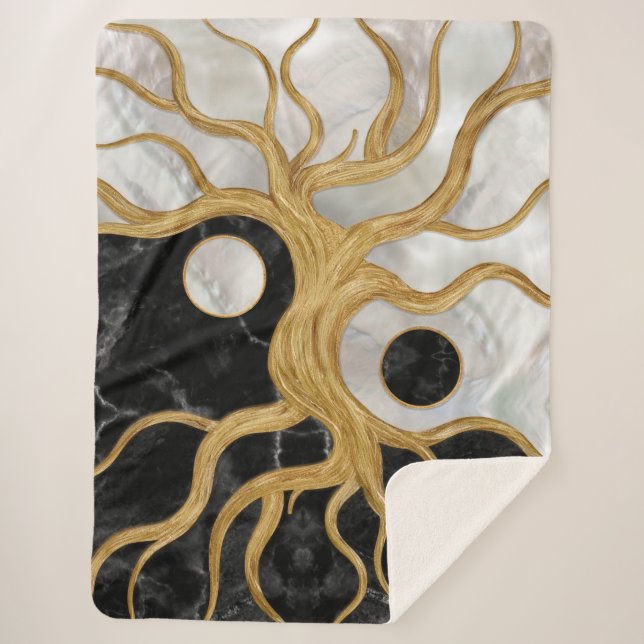 Cobertor Sherpa Yin Yang Tree of life - Marbles and Gold (Frente)
