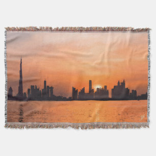 Cobertor Sunset sobre uma cidade litorânea - aquarela