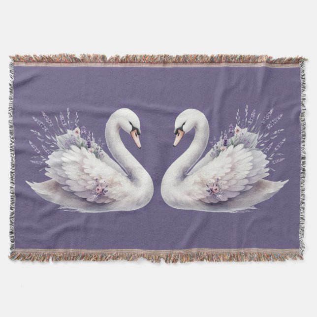Cobertor Swan de Aquarela com Florais de Lavanda (Frente)