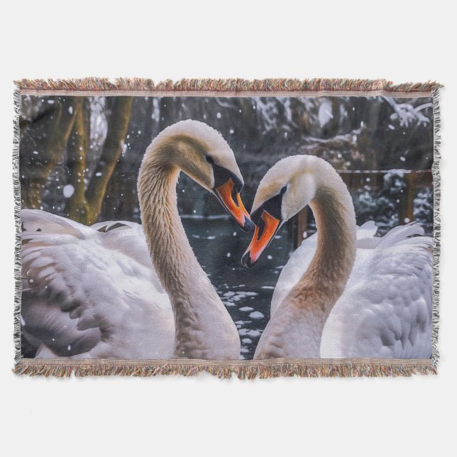 Cobertor Swans Românticos em uma Terra Maravilha de inverno (Frente)