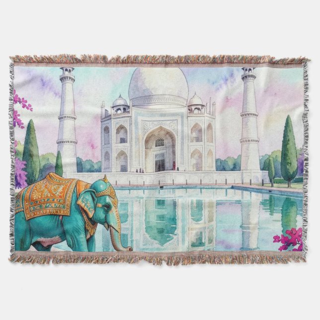 Cobertor Taj Mahal & Elefante Aquarela (Frente)