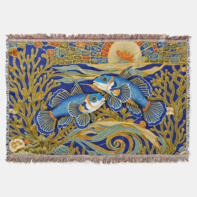 Cobertor Tapeçaria Estilo Retrô Peixe Mandarin Azul (Frente)