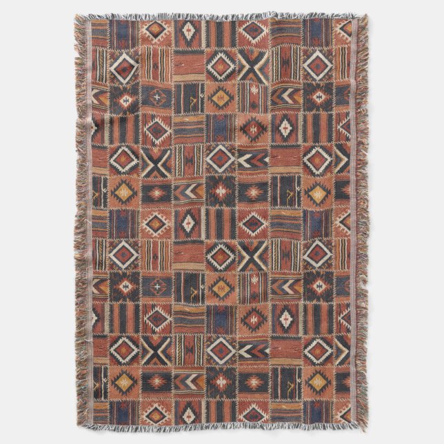 Cobertor Tapete Geométrico de Kilim com Remendo Rústico (Frente Vertical)