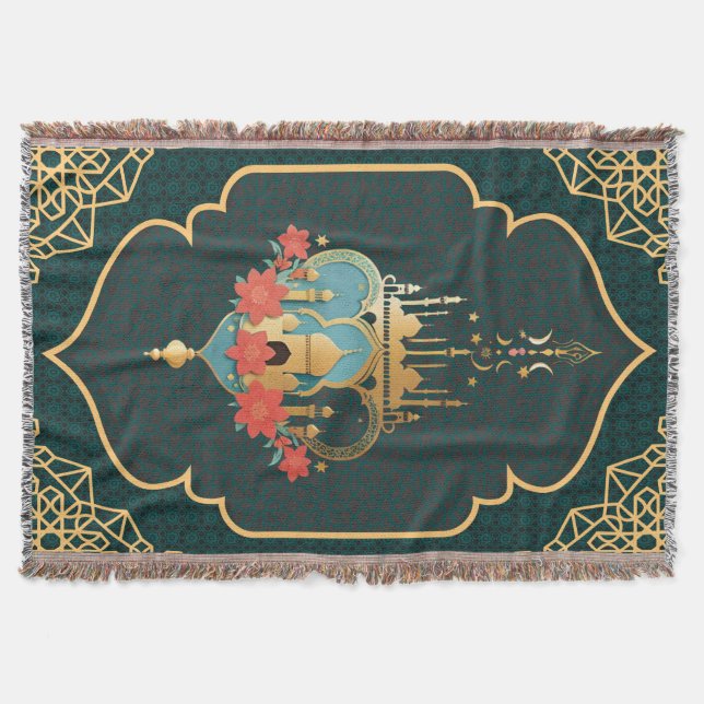 Cobertor Tapete Geométrico Dourado Verde-Azul Mihrab para C (Frente)
