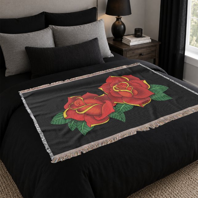 Cobertor Tatuagem de Rosas Tradicionais Vermelhas e Negras (Criador carregado)