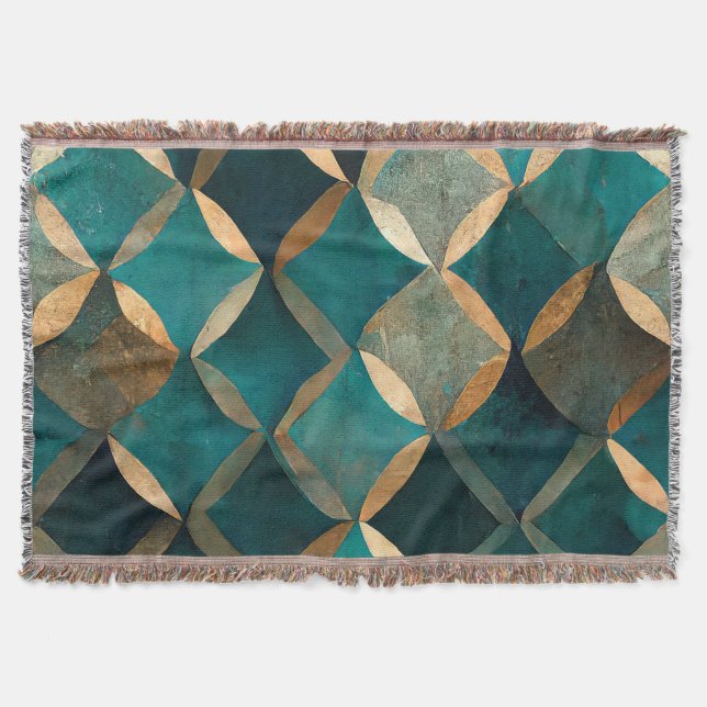 Cobertor teal dourado geométrico luxuoso clássico elegante (Frente)