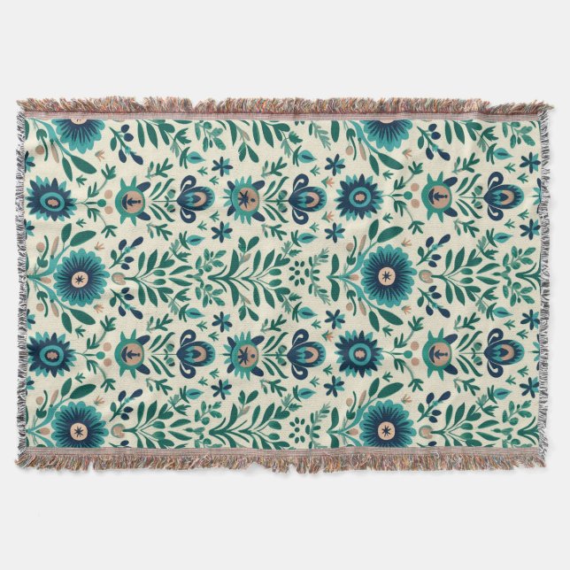 Cobertor Teal Green Folk Art Pattern (Frente)