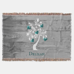 Cobertor Teal Tree of Hearts Personalised Throw Blanket