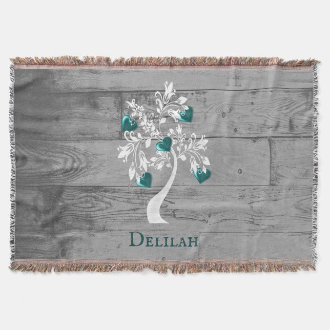 Cobertor Teal Tree of Hearts Personalised Throw Blanket (Frente)