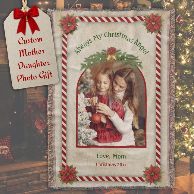 Cobertor Tecido Foto de Natal Mãe e Filha (Personalized mother daughter photo Christmas woven blanket displayed in a festive holiday room.)