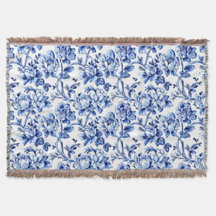 Cobertor Toile de Jouy de Magnolias Azul e Branca